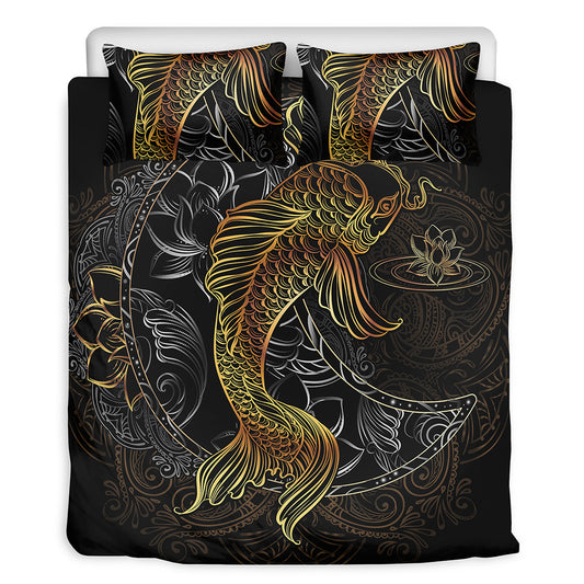 Golden Spiritual Koi Fish Print Duvet Cover Bedding Set