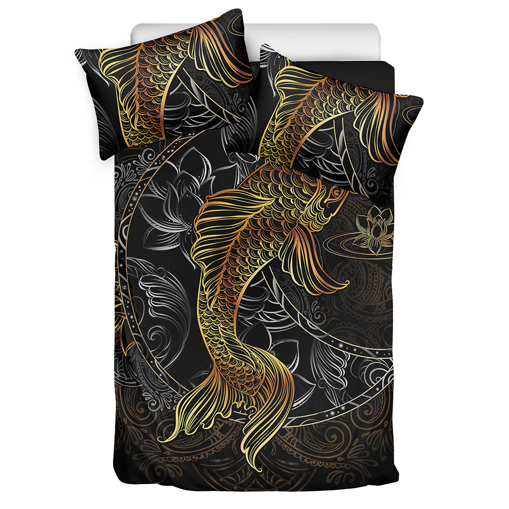 Golden Spiritual Koi Fish Print Duvet Cover Bedding Set