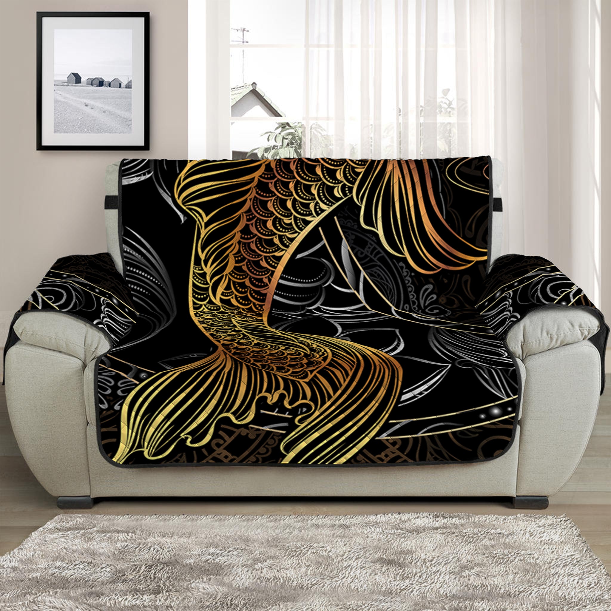 Golden Spiritual Koi Fish Print Half Sofa Protector