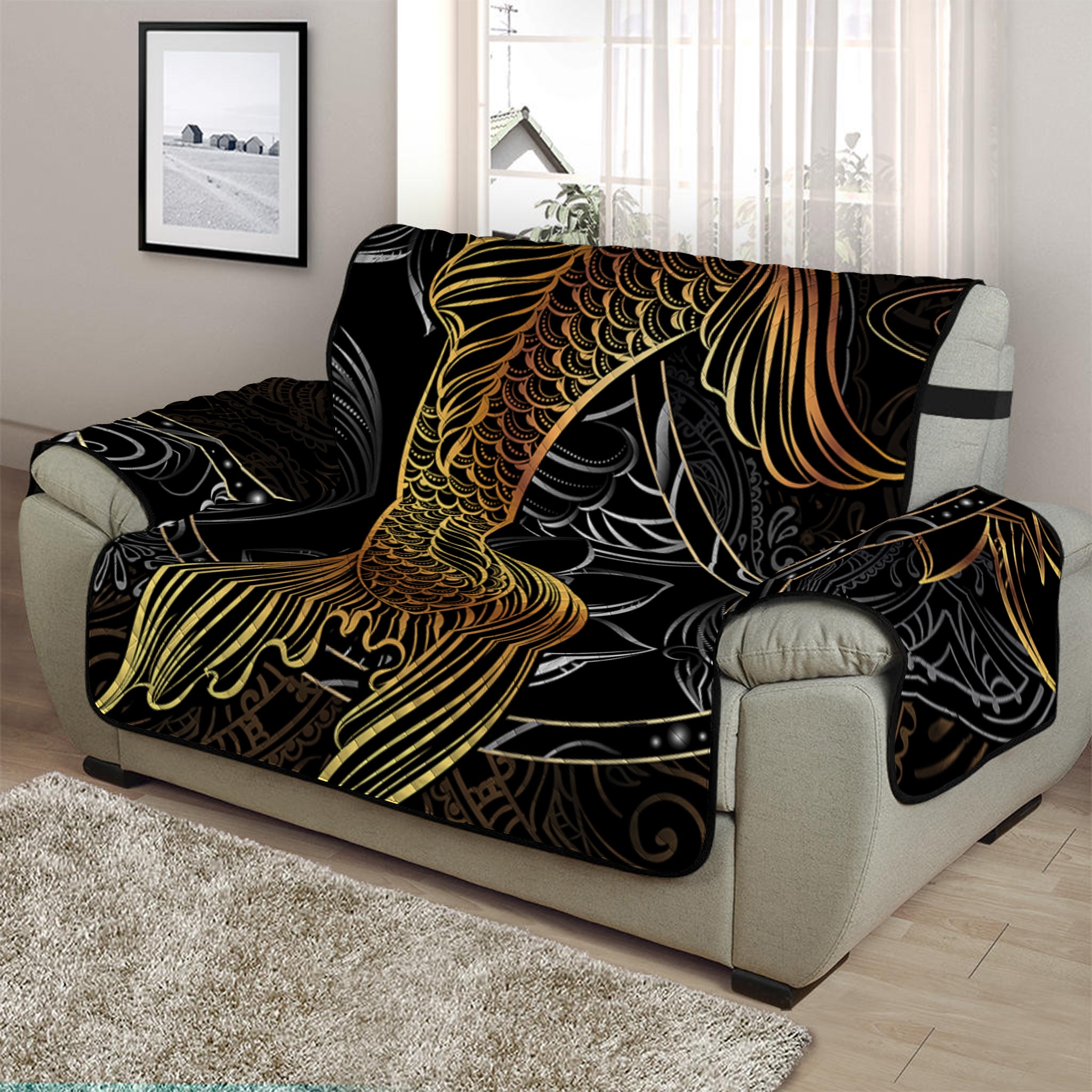 Golden Spiritual Koi Fish Print Half Sofa Protector