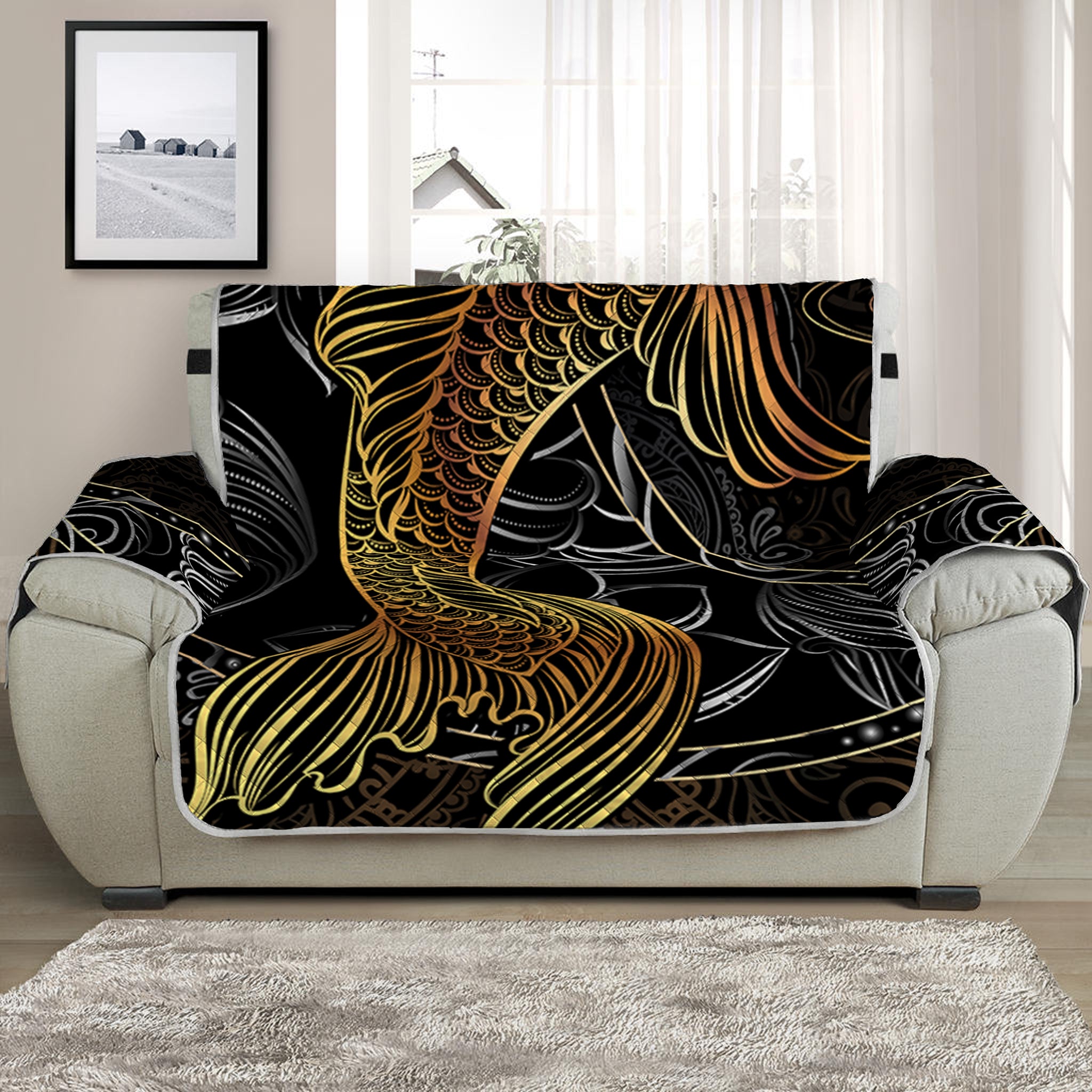 Golden Spiritual Koi Fish Print Half Sofa Protector