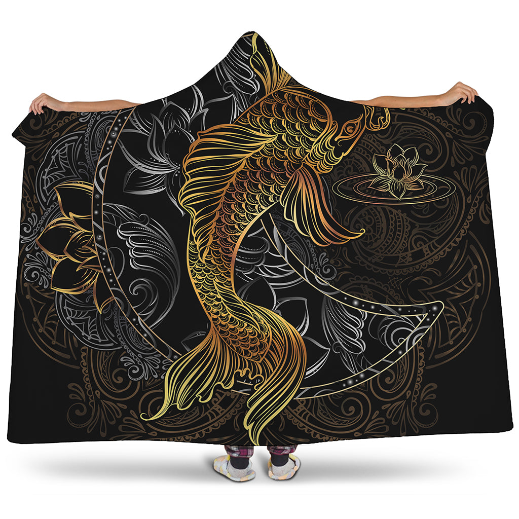 Golden Spiritual Koi Fish Print Hooded Blanket