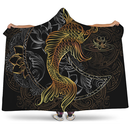 Golden Spiritual Koi Fish Print Hooded Blanket