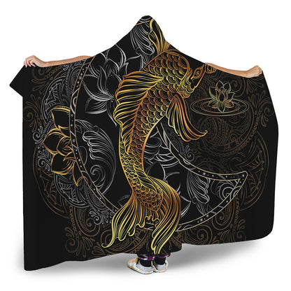 Golden Spiritual Koi Fish Print Hooded Blanket
