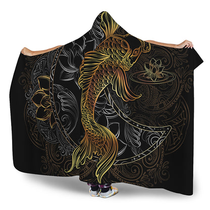 Golden Spiritual Koi Fish Print Hooded Blanket