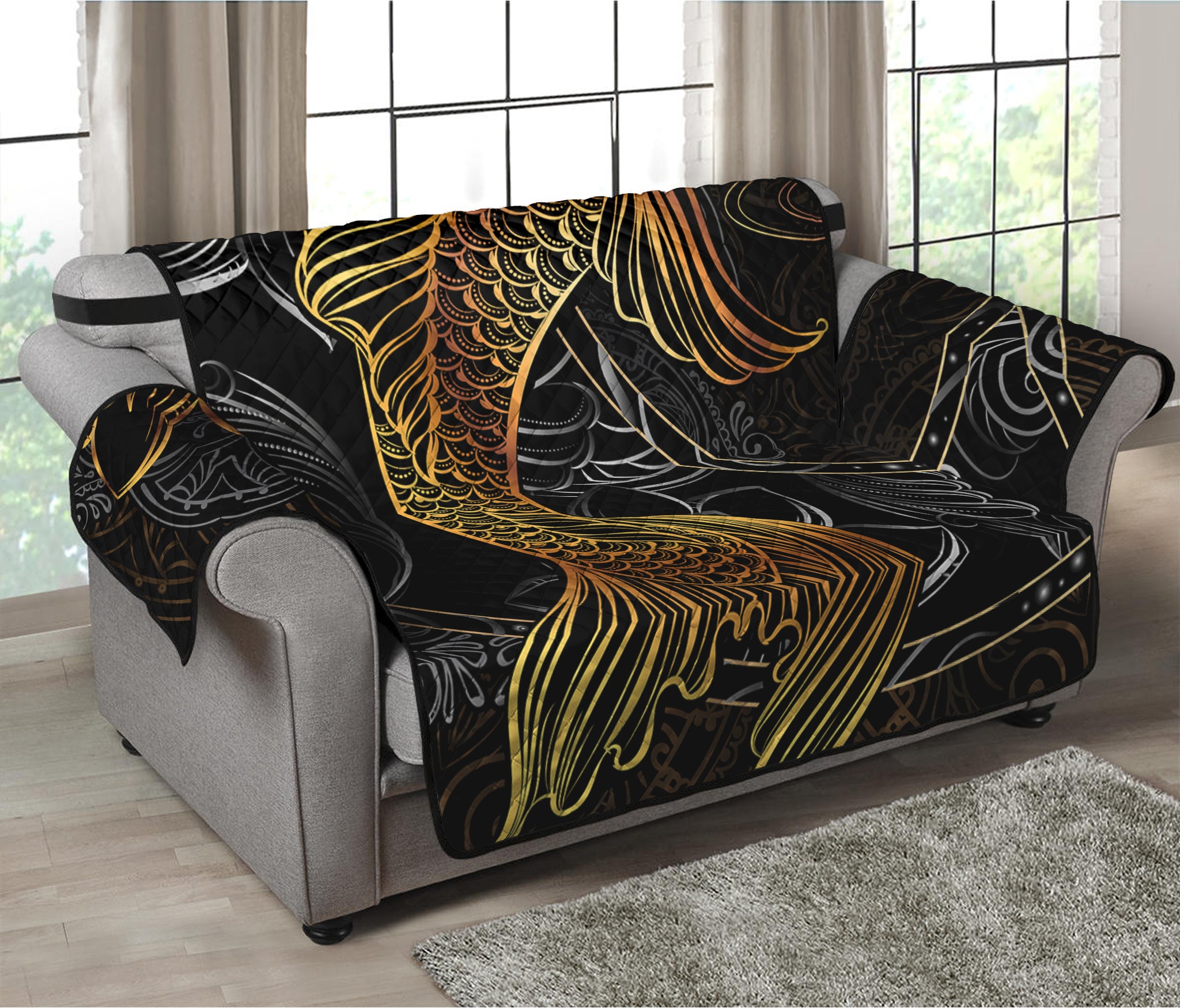 Golden Spiritual Koi Fish Print Loveseat Protector