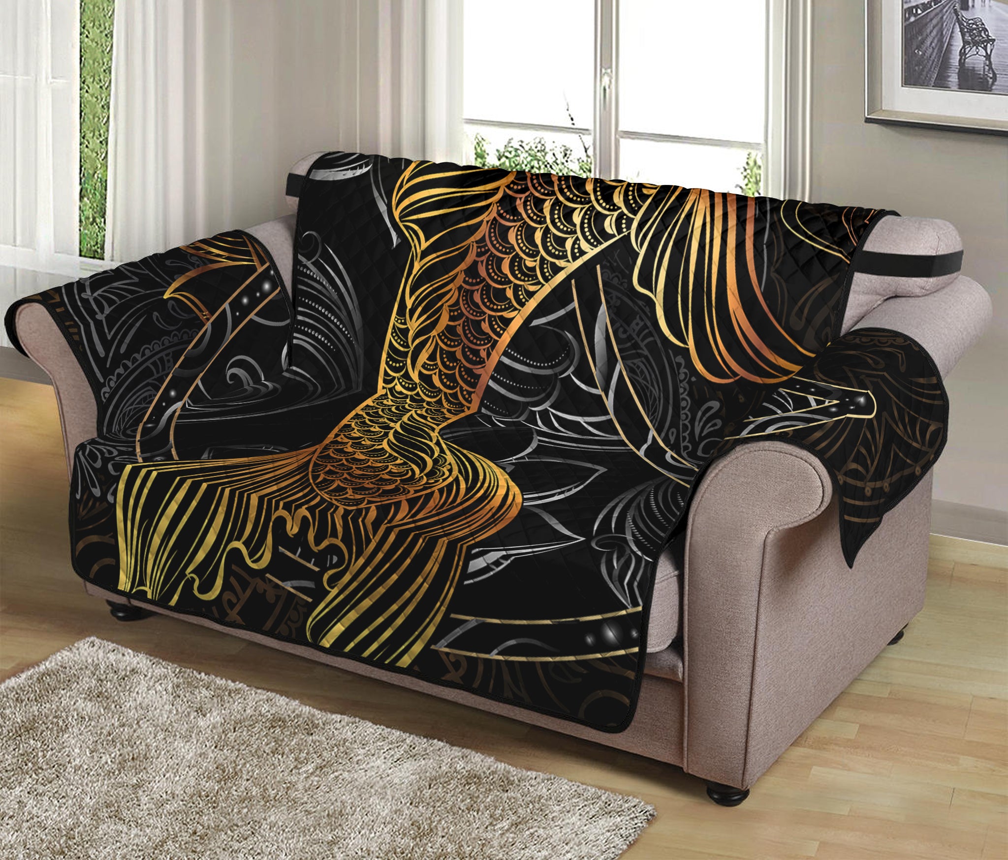 Golden Spiritual Koi Fish Print Loveseat Protector