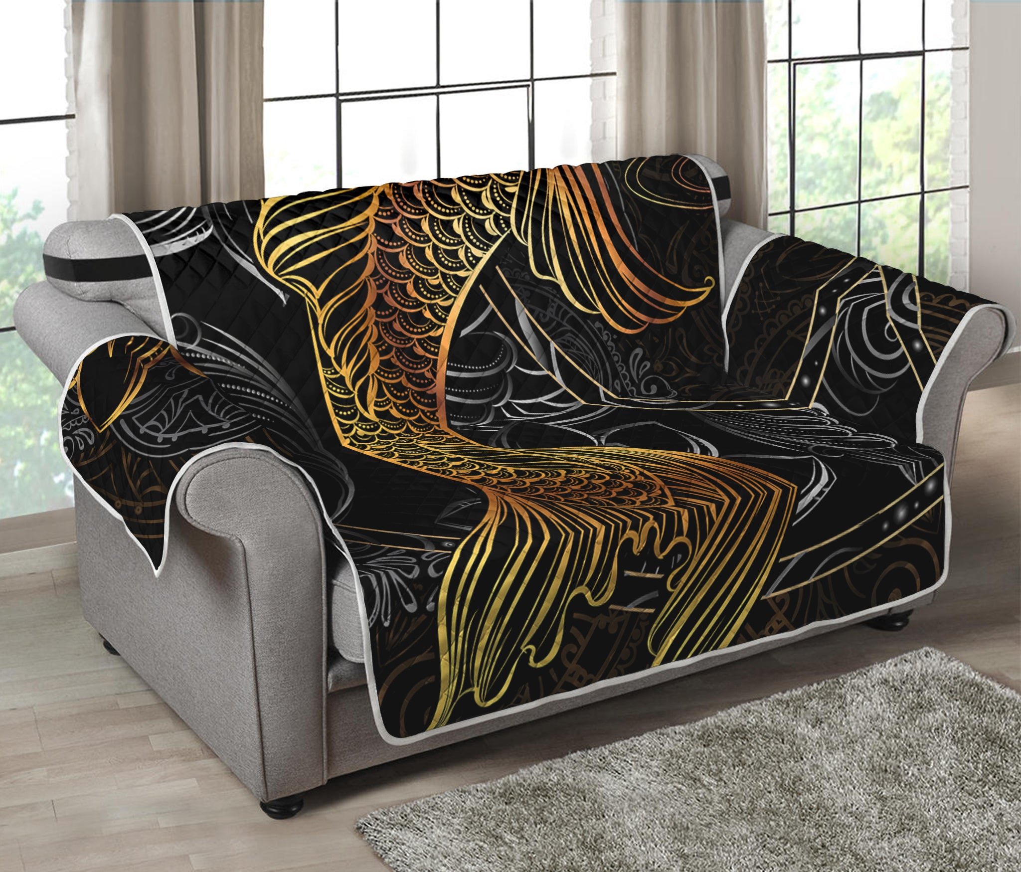 Golden Spiritual Koi Fish Print Loveseat Protector