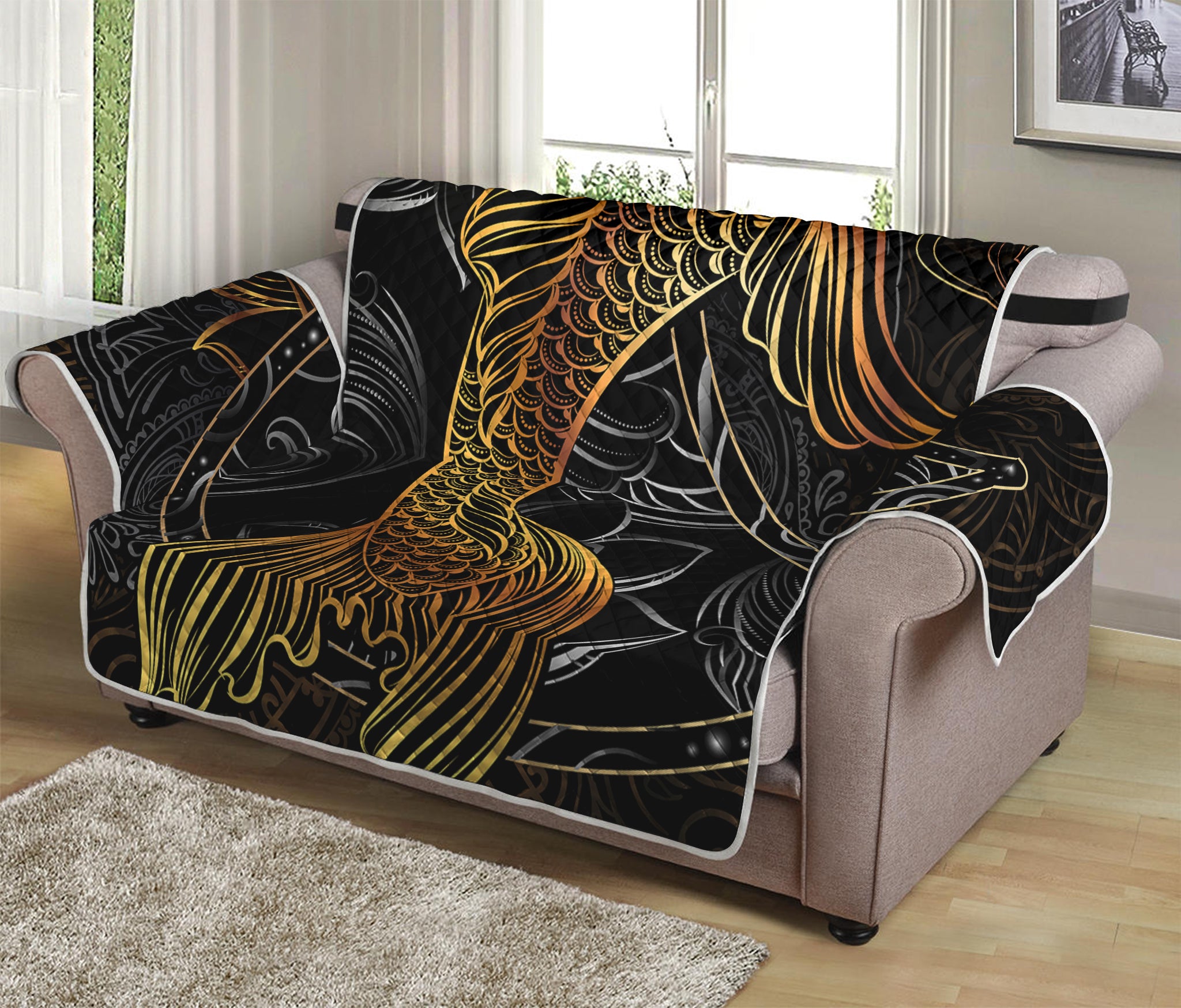 Golden Spiritual Koi Fish Print Loveseat Protector