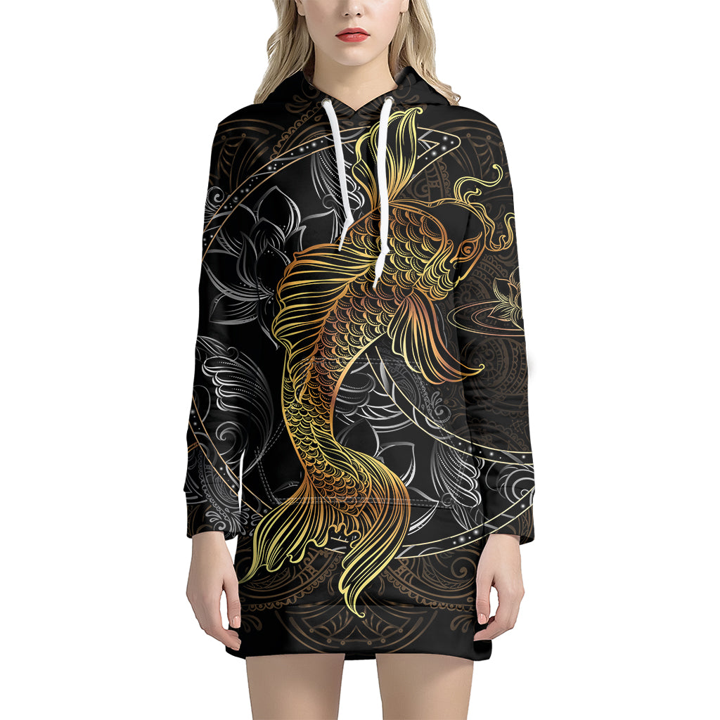 Golden Spiritual Koi Fish Print Pullover Hoodie Dress