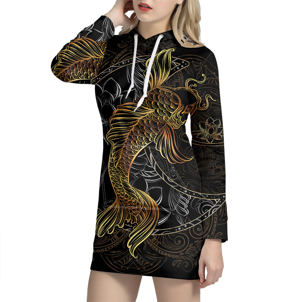 Golden Spiritual Koi Fish Print Pullover Hoodie Dress