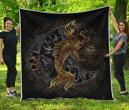 Golden Spiritual Koi Fish Print Quilt