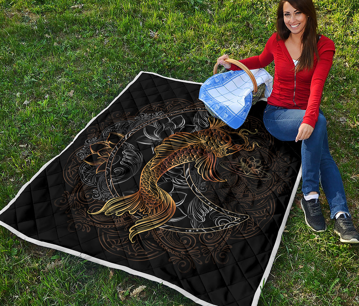 Golden Spiritual Koi Fish Print Quilt