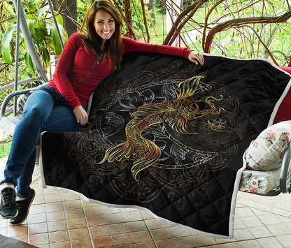 Golden Spiritual Koi Fish Print Quilt