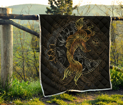 Golden Spiritual Koi Fish Print Quilt