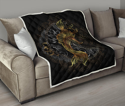 Golden Spiritual Koi Fish Print Quilt