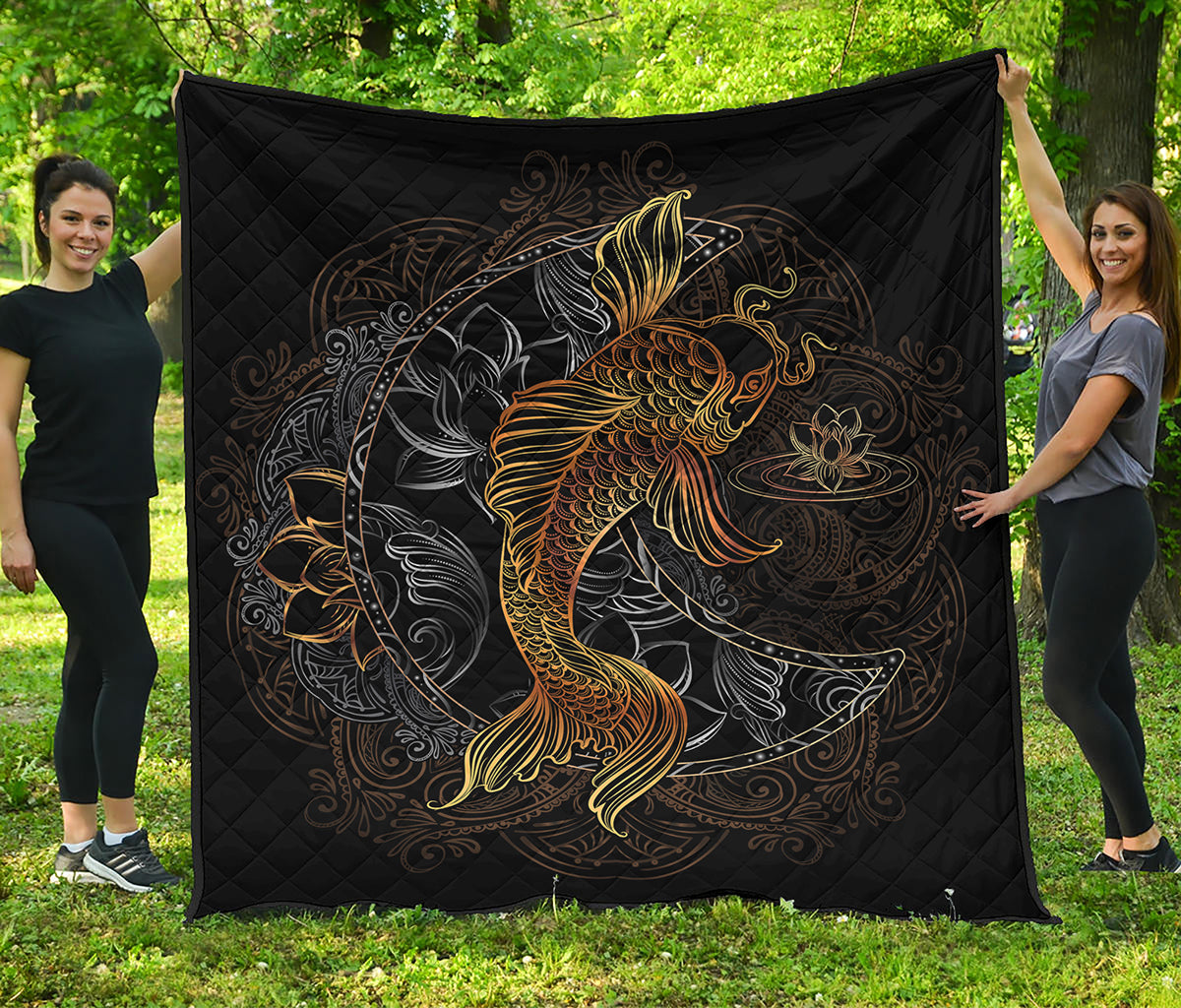 Golden Spiritual Koi Fish Print Quilt