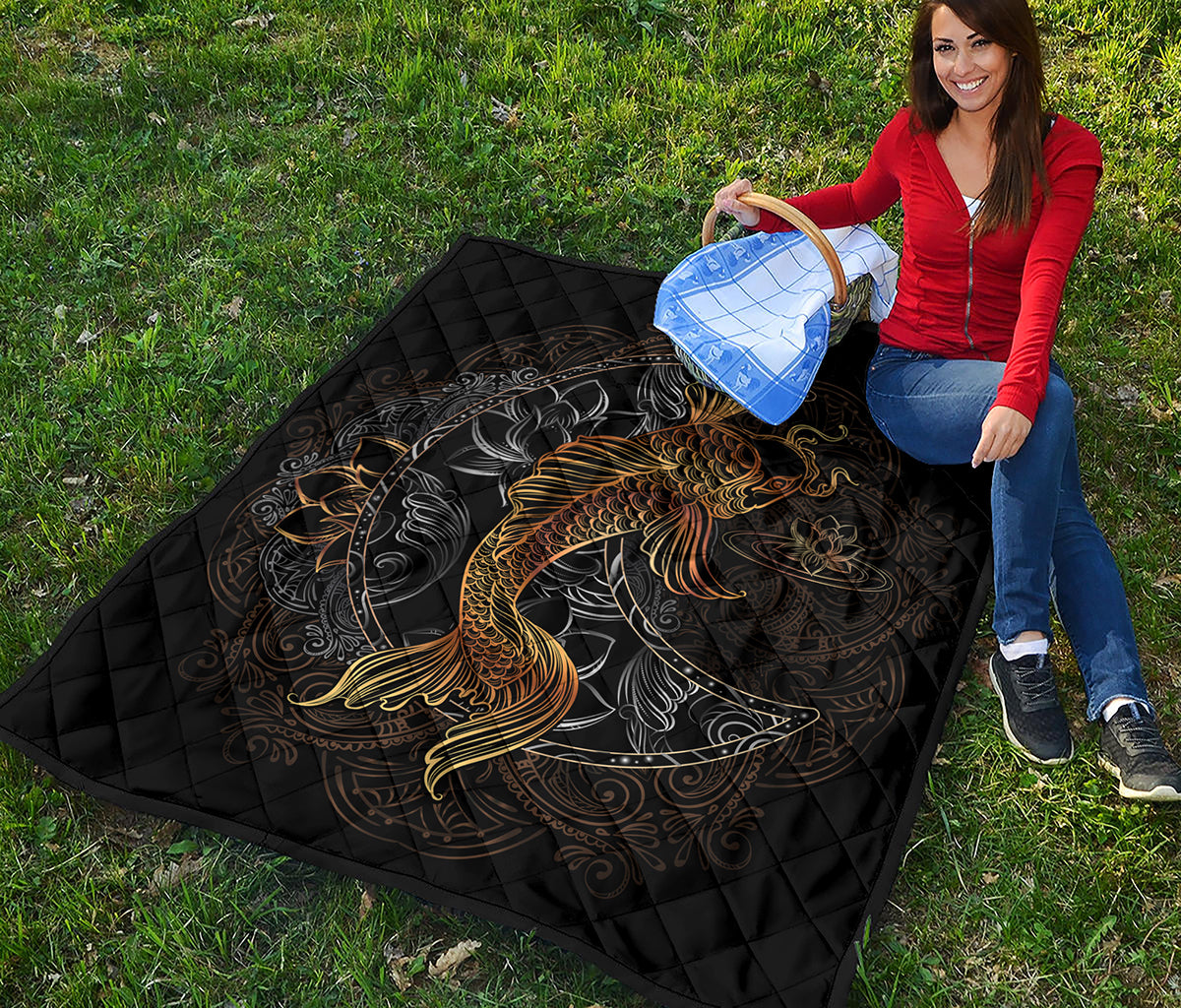 Golden Spiritual Koi Fish Print Quilt