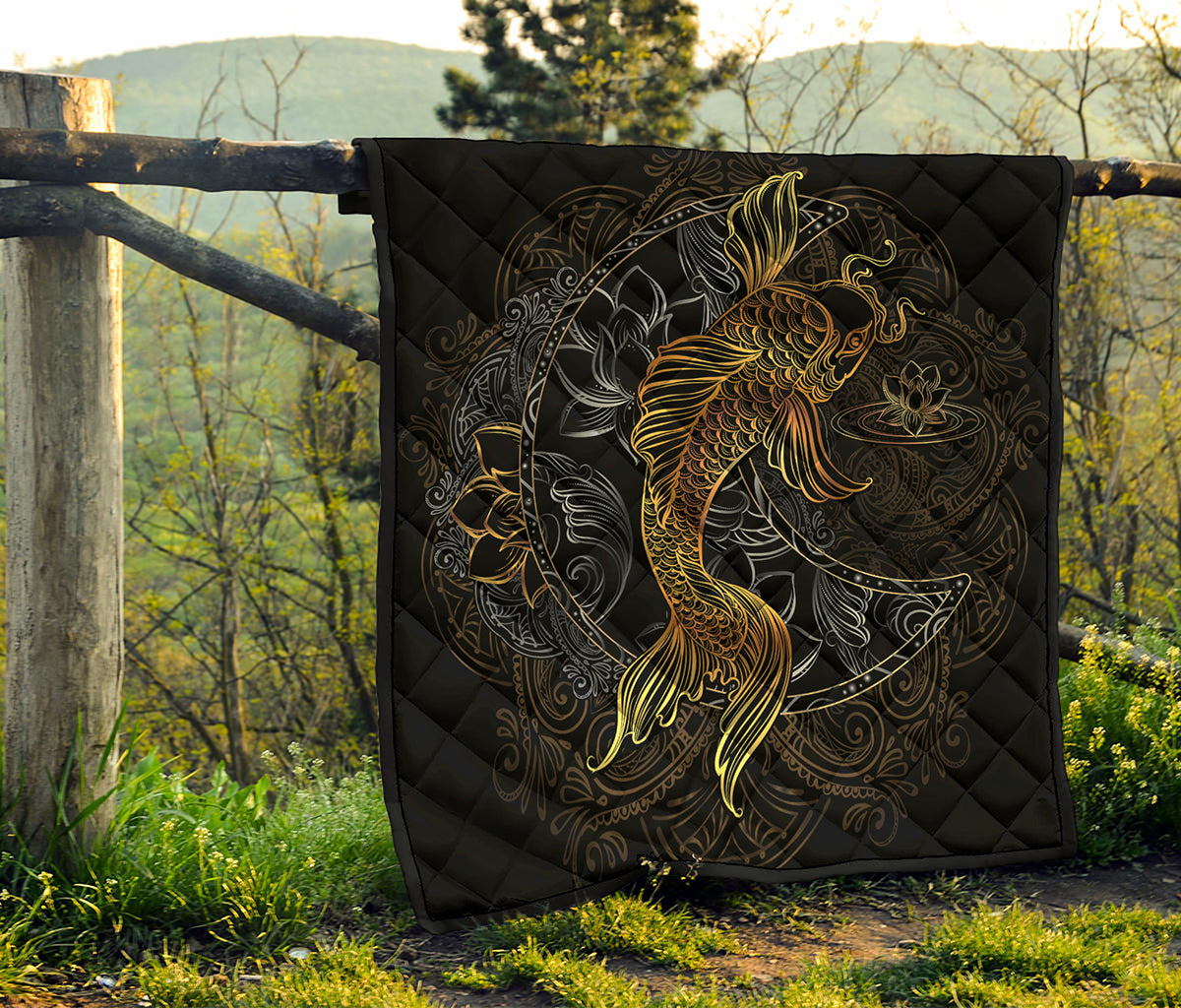 Golden Spiritual Koi Fish Print Quilt