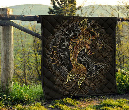 Golden Spiritual Koi Fish Print Quilt
