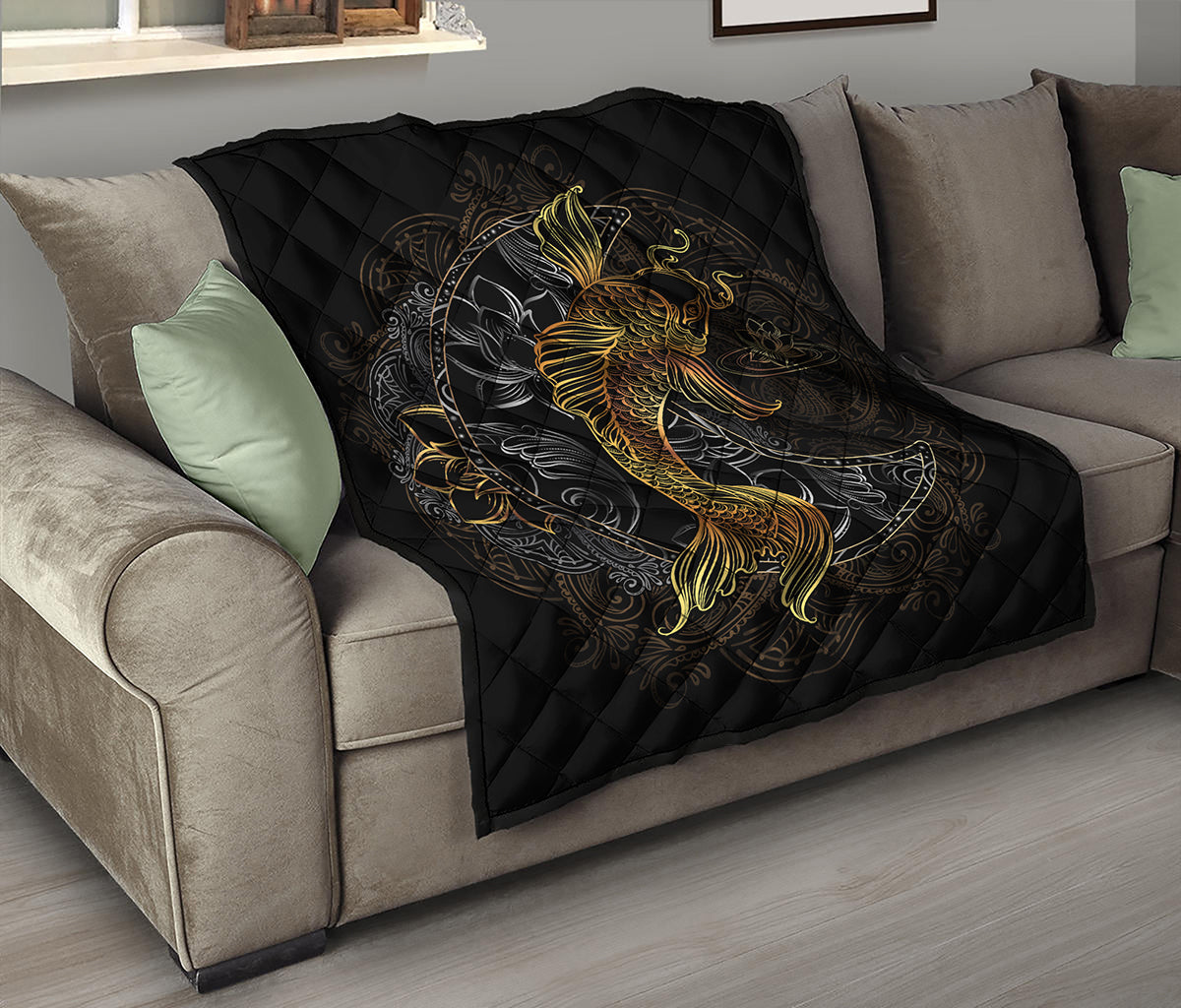 Golden Spiritual Koi Fish Print Quilt