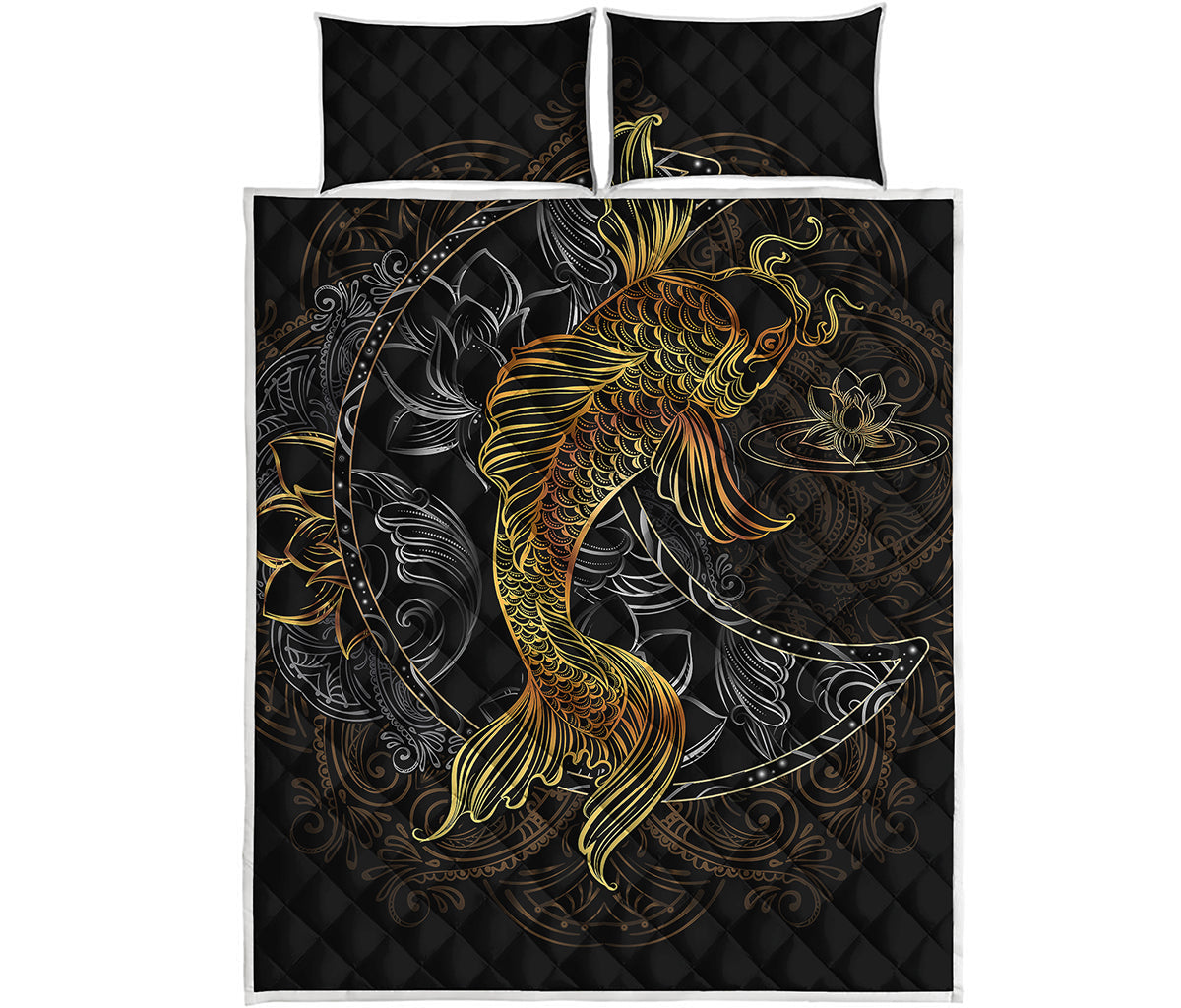 Golden Spiritual Koi Fish Print Quilt Bed Set