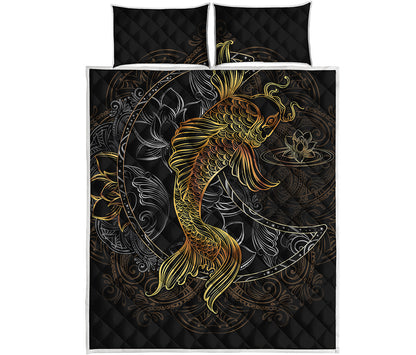 Golden Spiritual Koi Fish Print Quilt Bed Set