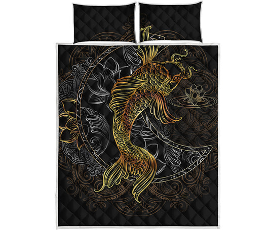 Golden Spiritual Koi Fish Print Quilt Bed Set