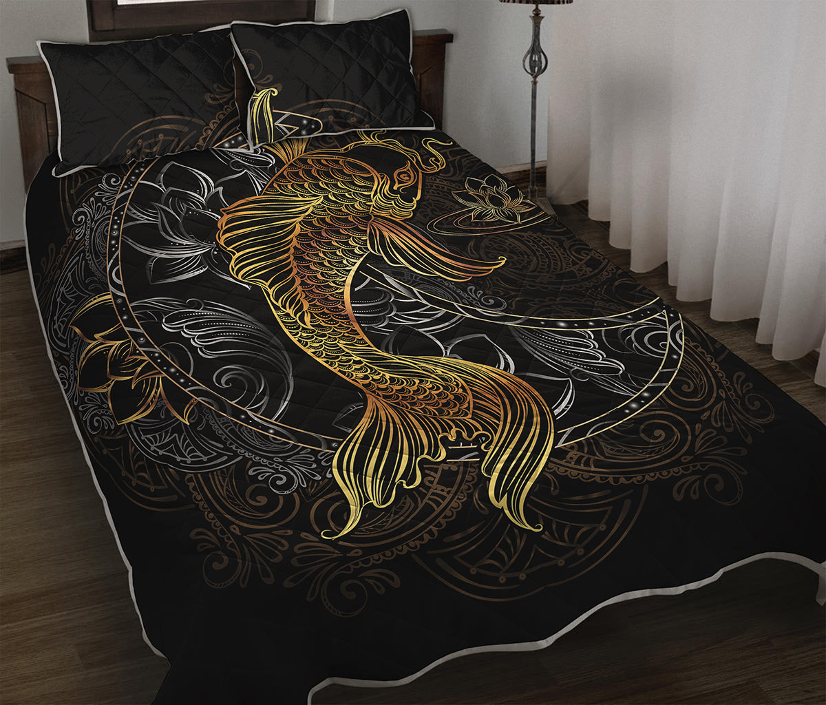 Golden Spiritual Koi Fish Print Quilt Bed Set