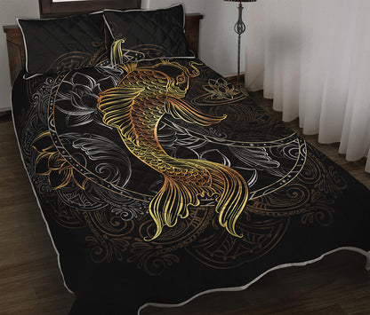 Golden Spiritual Koi Fish Print Quilt Bed Set