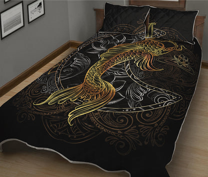 Golden Spiritual Koi Fish Print Quilt Bed Set