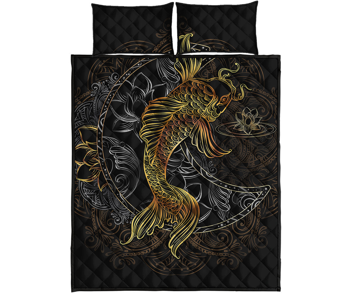 Golden Spiritual Koi Fish Print Quilt Bed Set