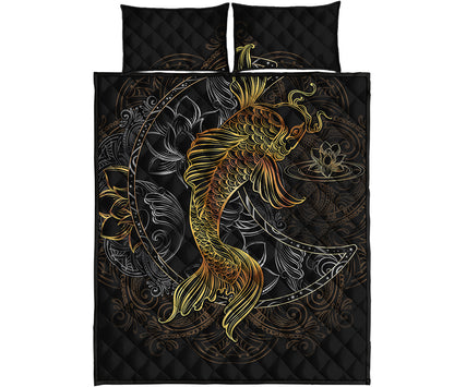 Golden Spiritual Koi Fish Print Quilt Bed Set