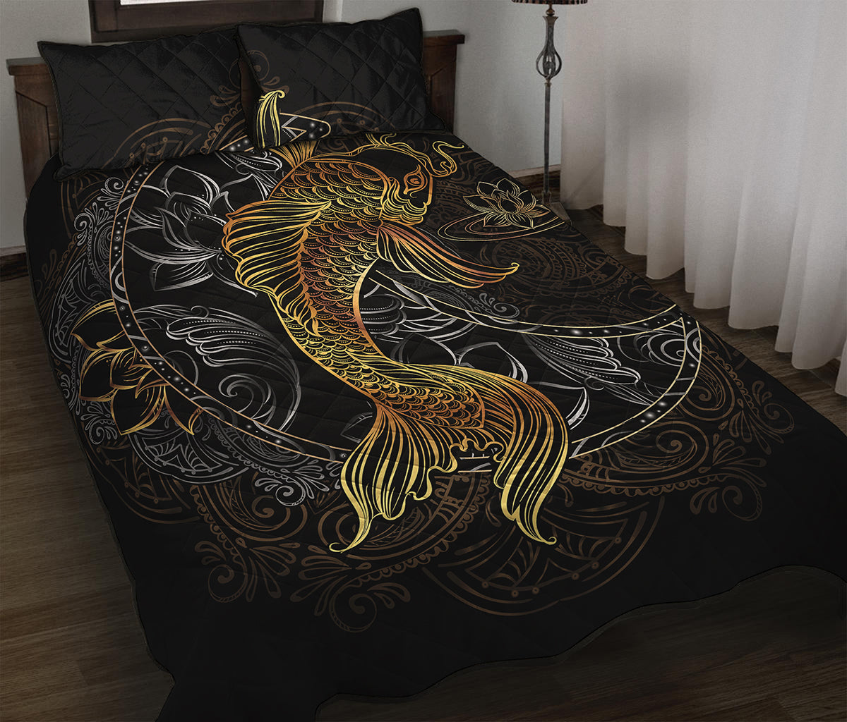 Golden Spiritual Koi Fish Print Quilt Bed Set