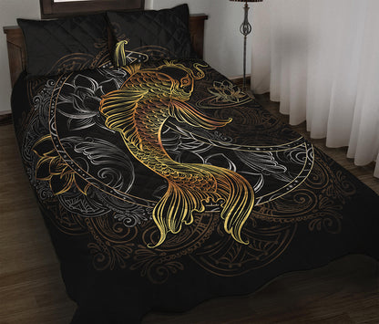 Golden Spiritual Koi Fish Print Quilt Bed Set