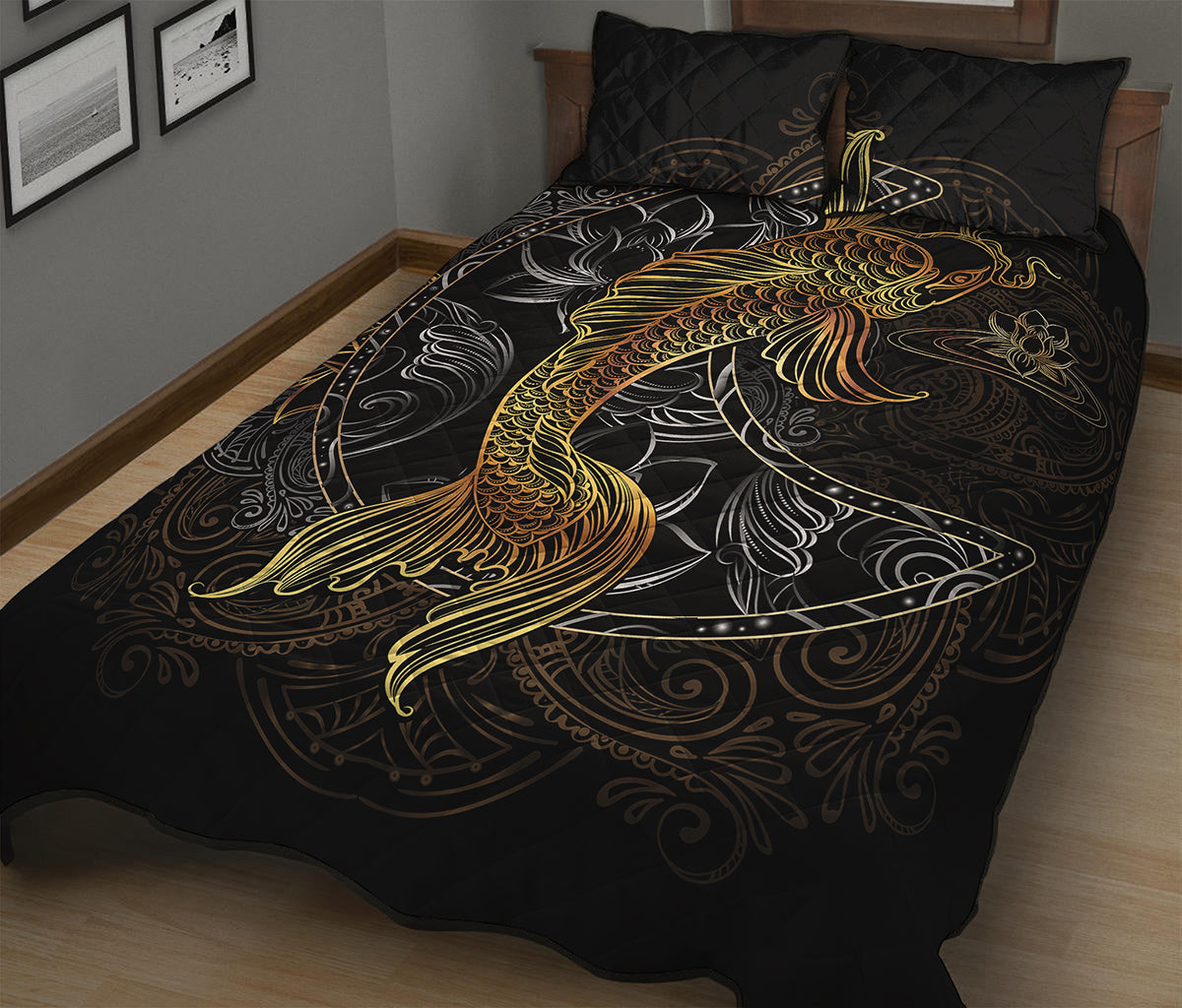 Golden Spiritual Koi Fish Print Quilt Bed Set