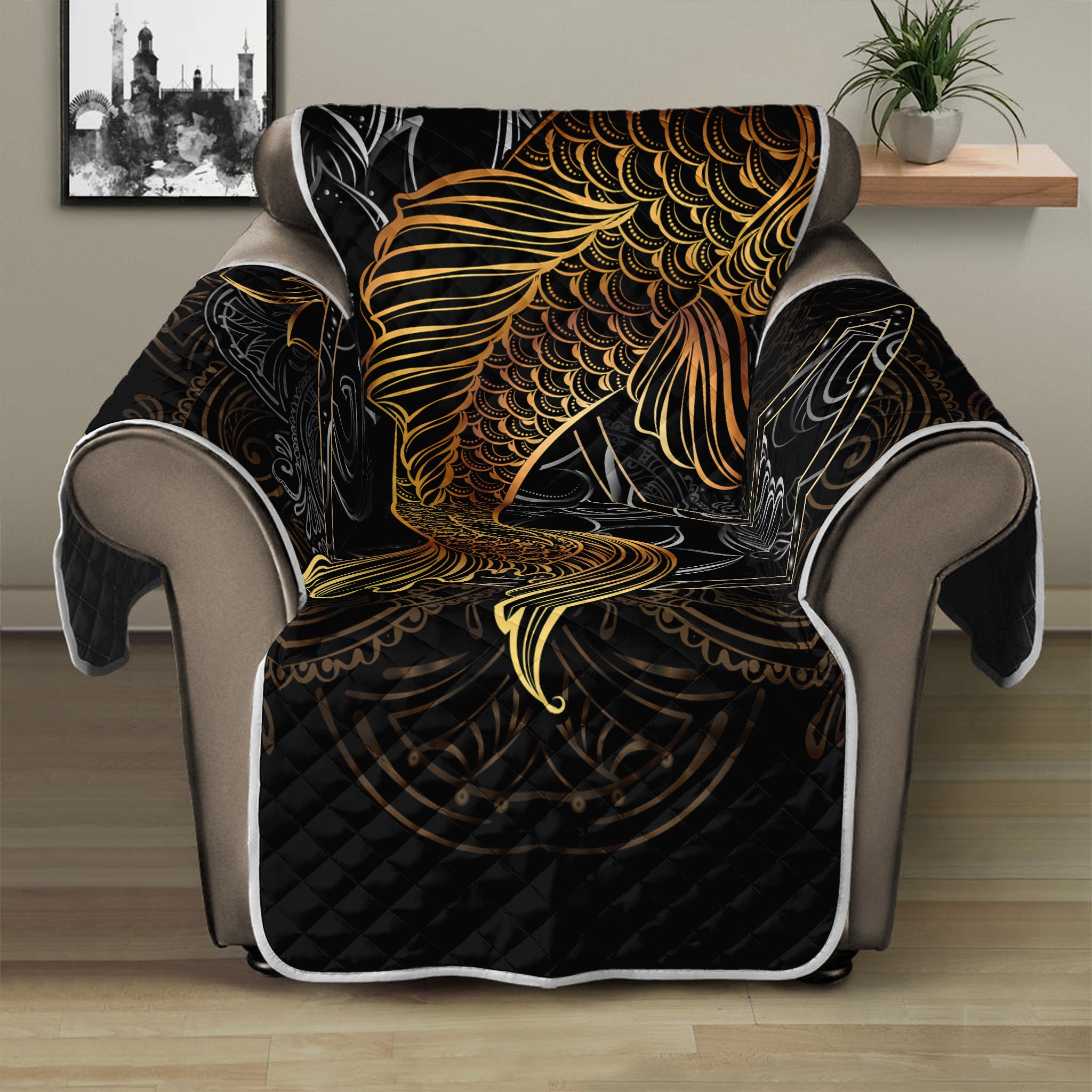 Golden Spiritual Koi Fish Print Recliner Protector