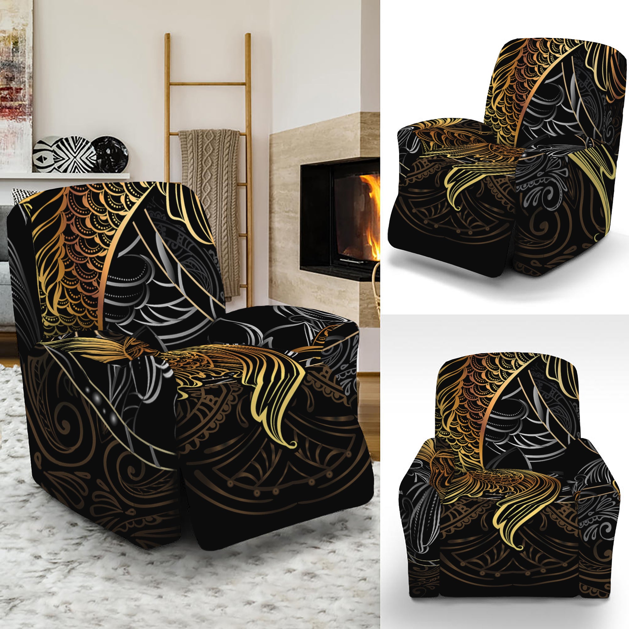 Golden Spiritual Koi Fish Print Recliner Slipcover