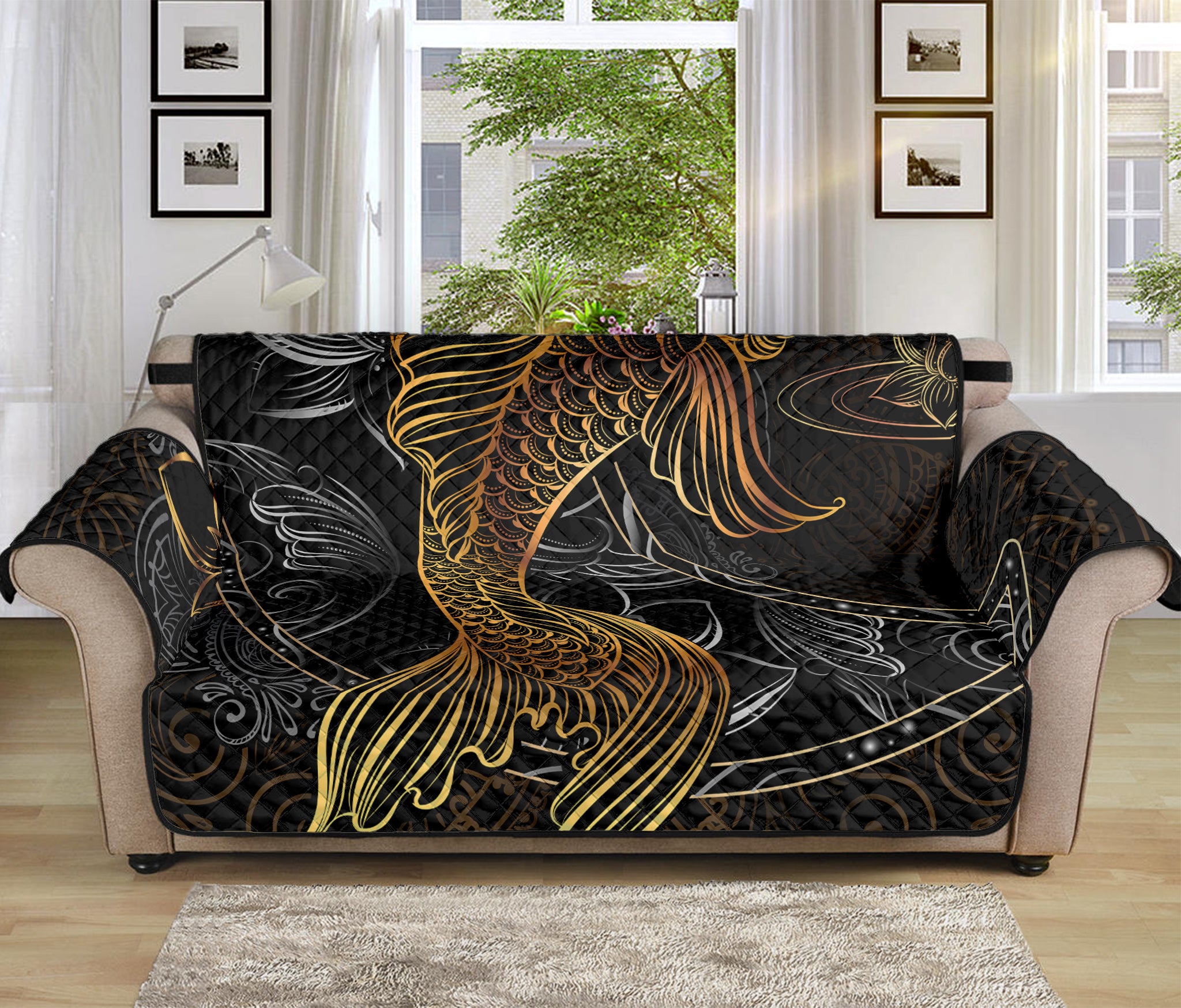 Golden Spiritual Koi Fish Print Sofa Protector