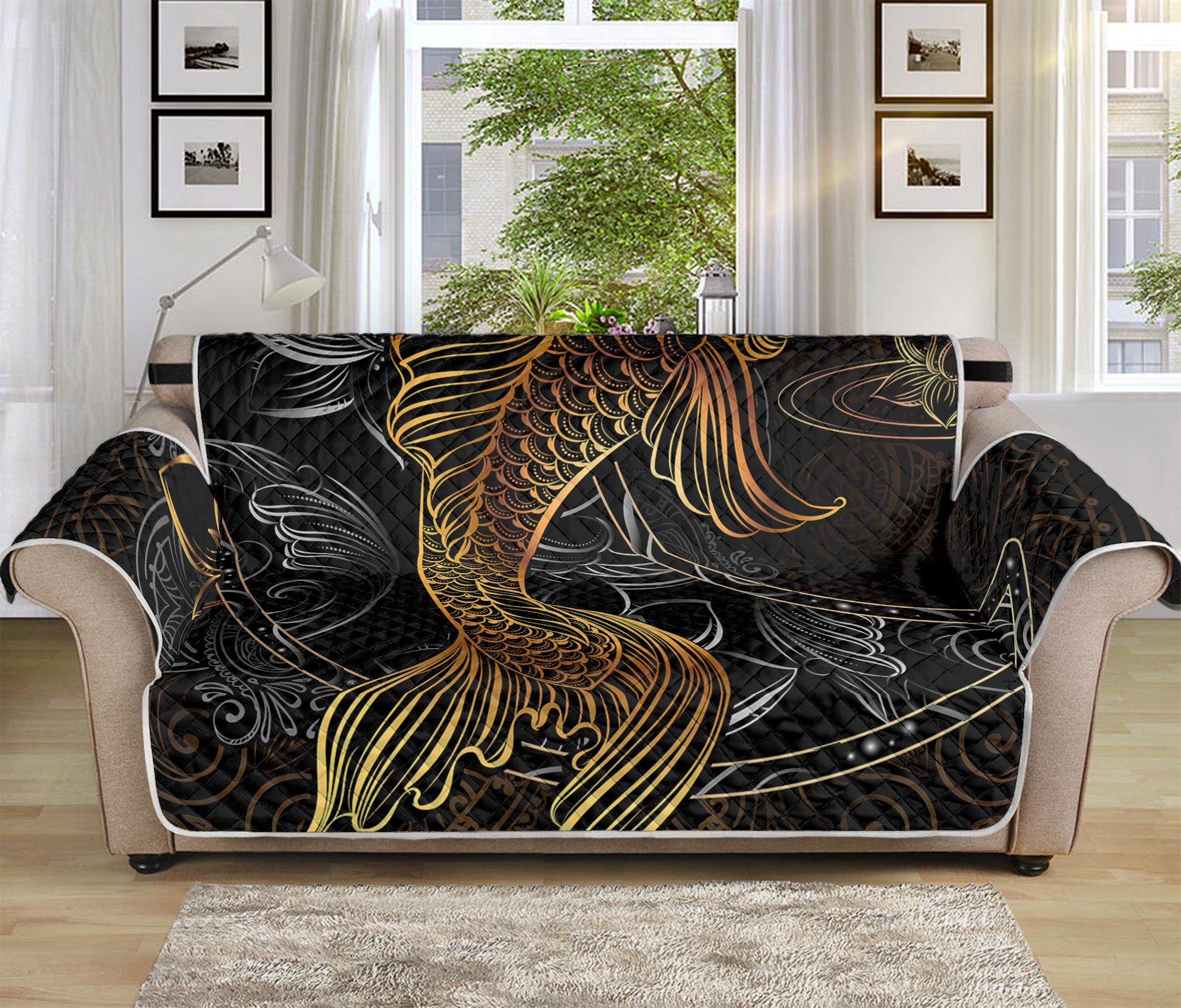 Golden Spiritual Koi Fish Print Sofa Protector