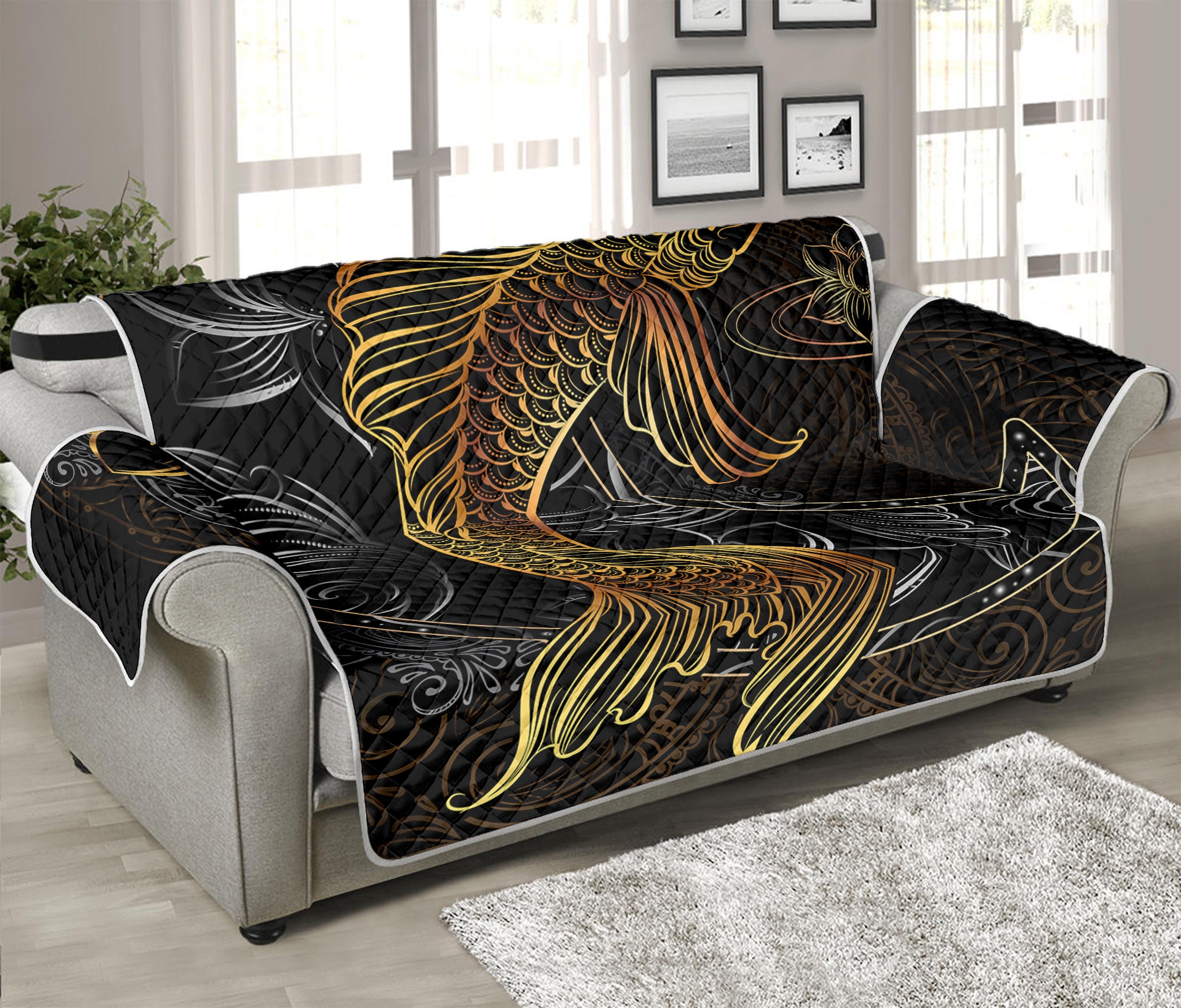 Golden Spiritual Koi Fish Print Sofa Protector