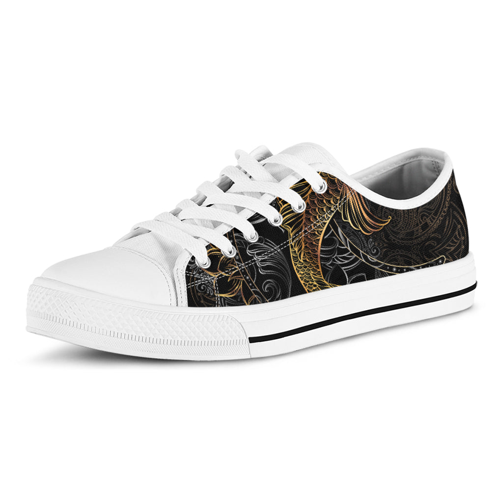 Golden Spiritual Koi Fish Print White Low Top Shoes