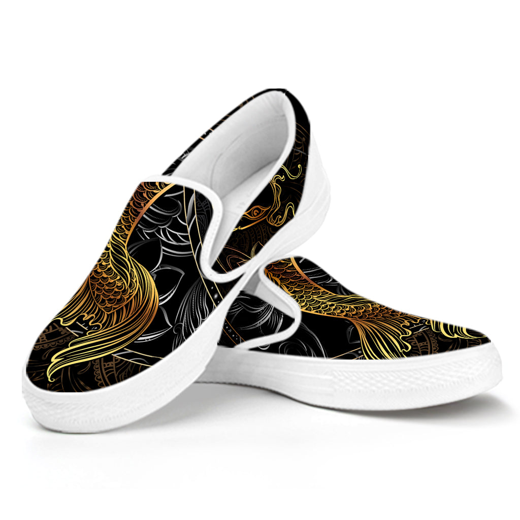 Golden Spiritual Koi Fish Print White Slip On Shoes