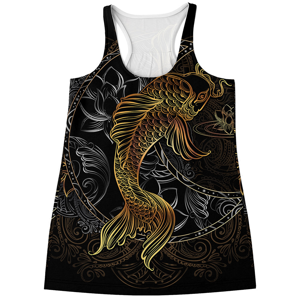Golden Spiritual Koi Fish Print Women's Racerback Tank Top