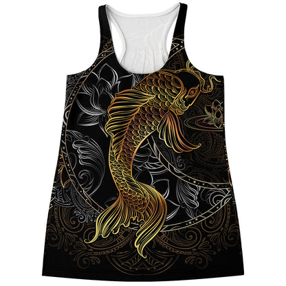 Golden Spiritual Koi Fish Print Women's Racerback Tank Top