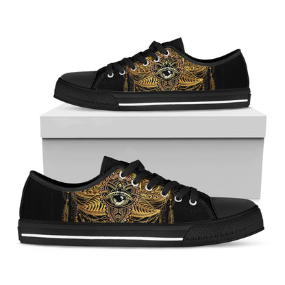 Golden Spiritual Lotus Print Black Low Top Shoes 