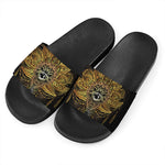 Golden Spiritual Lotus Print Black Slide Sandals