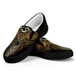 Golden Spiritual Lotus Print Black Slip On Shoes