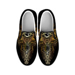 Golden Spiritual Lotus Print Black Slip On Shoes