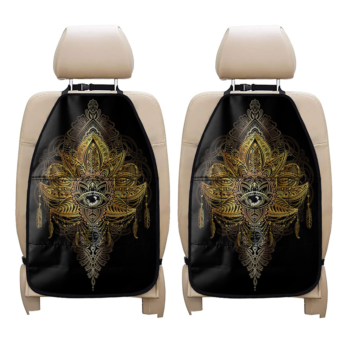 Golden Spiritual Lotus Print Car Seat Organizers